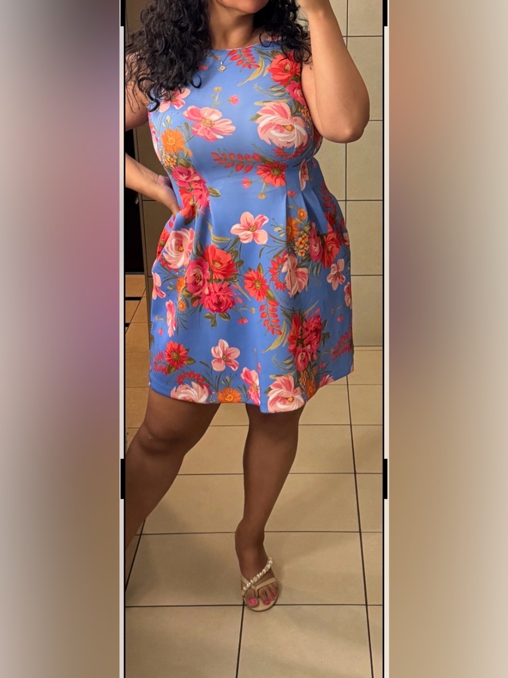 Vince Camuto Blue Floral Sleeveless A-Line Dress with Pink & Red Blooms